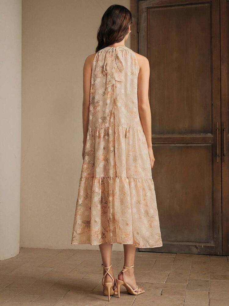 Elegant Ditsy Floral Adjustable Cinching Waist Tie Neck Long Dress,Versatile And Graceful For Women