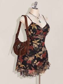 SHEIN ICON Vestido con cuello cuadrado con volantes, estampado de hojas de arce, con abertura frontal, talla grande, adecuado para verano, otoño, vuelta al colegio, vacaciones de verano - Multicolor - Ver 5