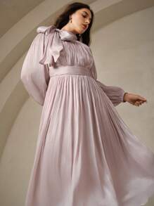 Anewsta 加大码女式长款连衣裙，春秋季腰部荷叶边闪亮优雅百搭 - 中紫紅色 - 查看 7