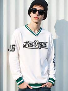 SHEIN Teen Boy Casual Comfortable Letter Graphic V-Neck Oversized Long Sleeve Knitted White Sweatshirt, Versatile For Daily Wear,In Fall/Winter - White - View 6