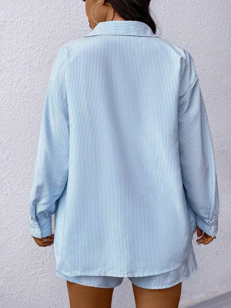Plus Size Striped Printed Casual Long Sleeve Shirt And Shorts 2-Piece Set