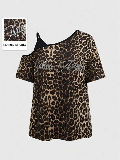 Grunge Punk T-shirt femme 2 en 1 ample à imprimé léopard punk sombre avec strass sur l'épaule oblique