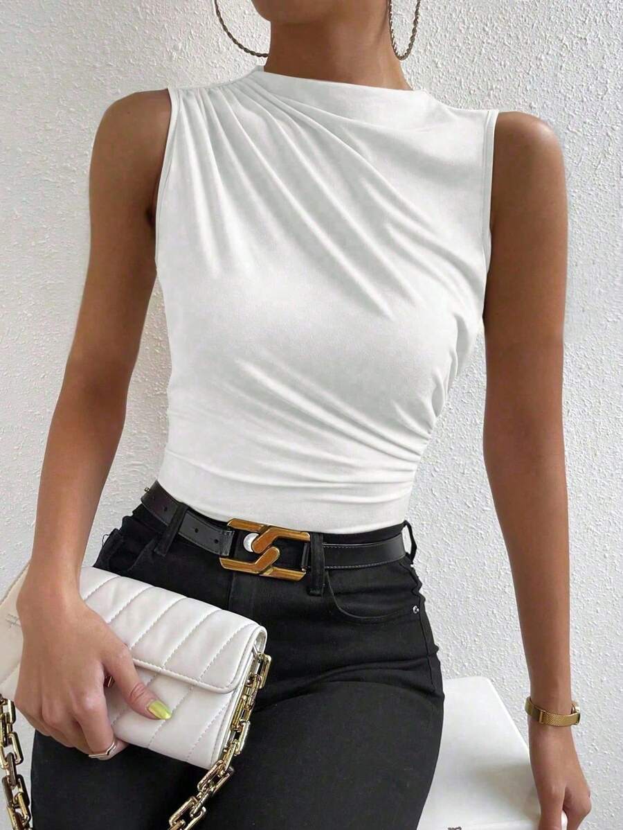SHEIN PETITE Blanco Verano Top sin mangas de mujer con cuello de pie elegante y plisado - Blanco - Ver 1