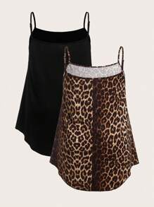 SHEIN EZwear 2 chiếc áo hai dây họa tiết da báo và trơn cỡ lớn, thích hợp cho du lịch và nghỉ dưỡng mùa hè - Nhiều màu - Xem 2