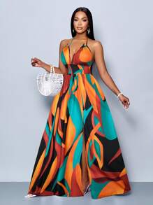 SOLERSUN 女式休闲假日深 V 领露背褶饰开衩大腿长裙，带植物印花 - 紅色 - 查看 3