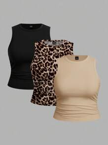 SHEIN EZwear 女士休闲纯色豹纹吊带背心三件套，夏季