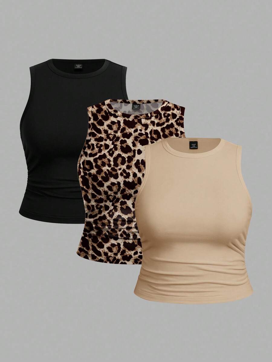 SHEIN EZwear 女士休闲纯色豹纹吊带背心三件套，夏季