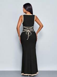 SOLERSUN Women's Slim Fit Round-Neck Color Block Cross-Over Contrast Waist Straps At Back Sexy Graceful Maxi Dress With Color Block Splicing Detail,Casual Resort Style,Suitable For Vacation - Black - View 2