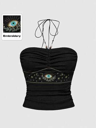 Hippie Hauts pour femmes à col ras-du-cou plissé, avec broderie florale vintage occidentale, perles. Convient pour le style bohème, les vacances d'été, les festivals, les sorties en club