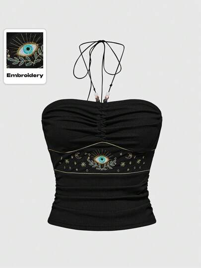 Hippie Hauts pour femmes à col ras-du-cou plissé, avec broderie florale vintage occidentale, perles. Convient pour le style bohème, les vacances d'été, les festivals, les sorties en club