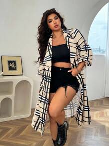 SHEIN EZwear Áo gió dài tay cổ bẻ in họa tiết kẻ caro thời trang thu đông cỡ lớn cho nữ - Nhiều màu - Xem 1