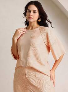 Anewsta Plus Size New Tang Dynasty Style Embroidered Round Neck Short Sleeve Elegant Urban Top, Suitable For Summer, Casual, Holiday, Beach, Elegant, Party - Champagne - View 5