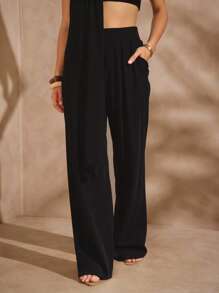 Hauture Pantalones casuales de mujer de pierna ancha y bolsillo en diagonal, de unicolor y holgados - Negro - Ver 4