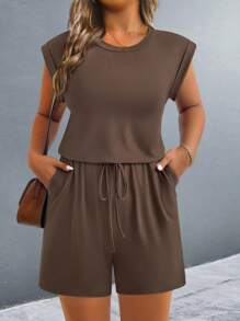 SHEIN LUNE Plus Size Women Solid Color Round Neck Short Sleeve Casual Jumpsuit - Brown - View 1