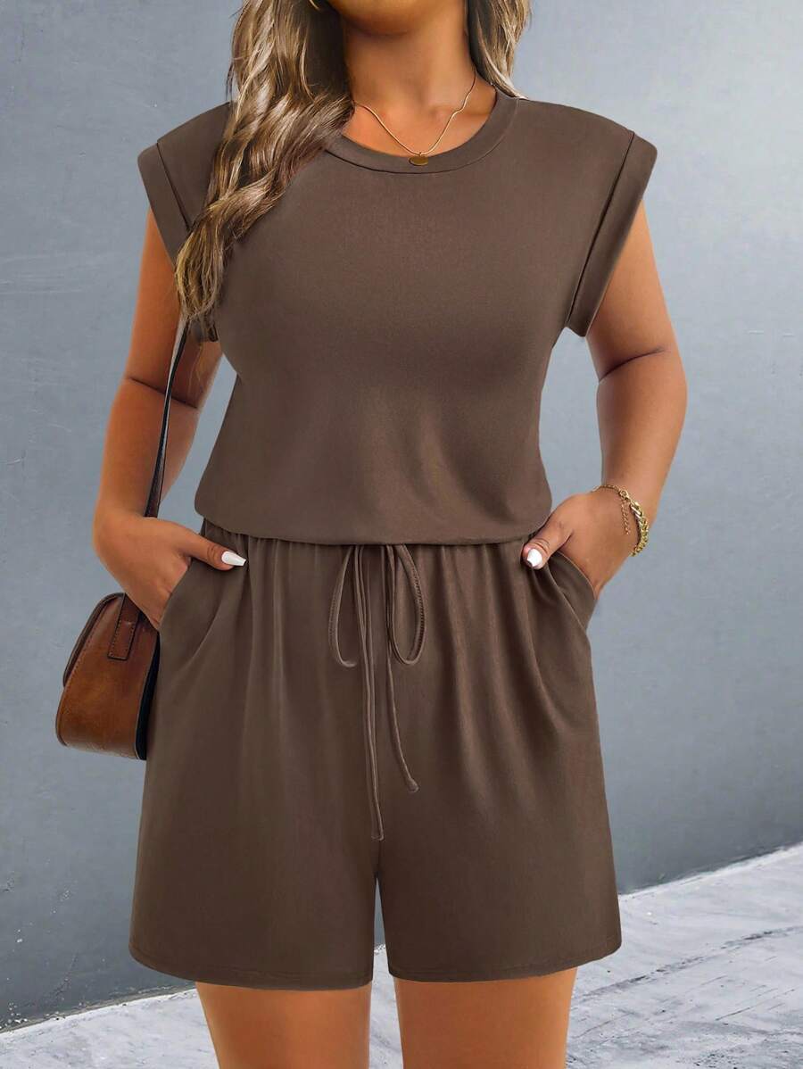 SHEIN LUNE Plus Size Women Solid Color Round Neck Short Sleeve Casual Jumpsuit - Brown - View 1