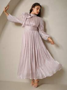 Anewsta 加大码女式长款连衣裙，春秋季腰部荷叶边闪亮优雅百搭 - 中紫紅色 - 查看 5