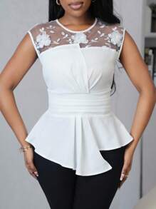 SHEIN Unity Women's Elegant Summer Contrast Mesh Applique Waist Design Asymmetric Hem Blouse - White - View 5