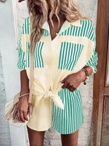 Breezaya Conjunto De Camiseta De Manga Corta Y Pantalones Sueltos Con Diseño De Bloques De Color A Rayas, Botones Al Frente Y Bolsillos Con Parche - Multicolor - Ver 6