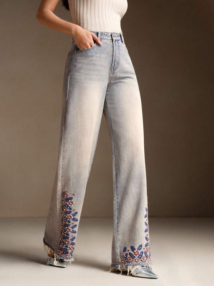 Vintage Blue Straight Leg Embroidered Pockets Casual Fashion Women's Jeans