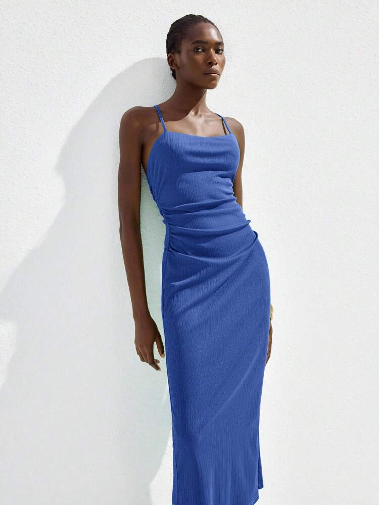 SHEIN Maija 2025 Autumn/Winter New Blue Asymmetrical Cut Asymmetric Criss-Cross Backless Twist Design Dress, Modern Elegant Urban Romantic Modest Rustic Music Festival Vintage Airport Travel Street Wedding Guest Birthday Halloween Business Casual Office Date Party Outing Airport Back To School Fall Dress For Women