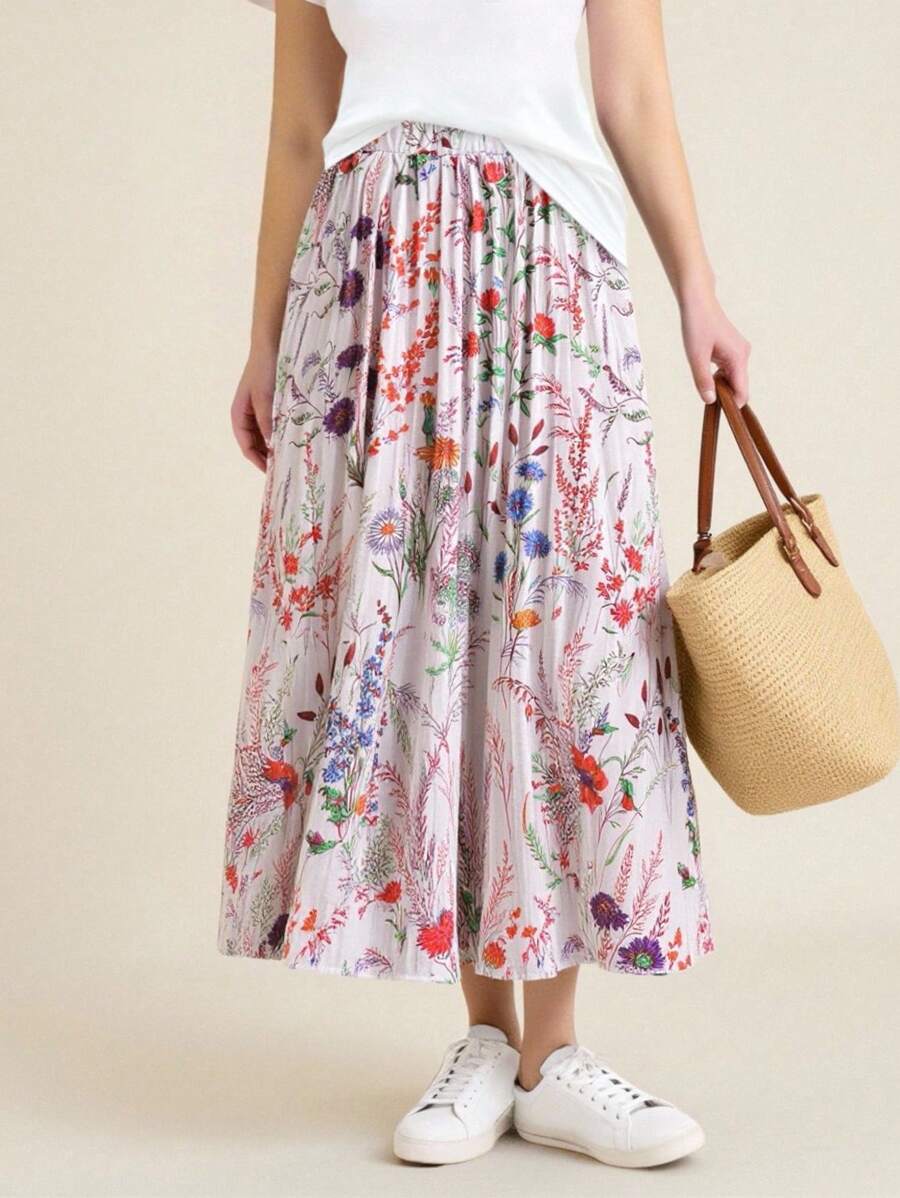 Linhara Falda estampada de línea A casual y versátil para mujer talla grande - Multicolor - Ver 1