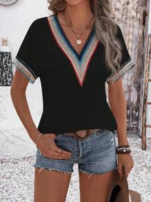 SHEIN LUNE Camiseta casual de mujer para vacaciones con bloque de color y aplicación de encaje - Negro - Ver 6