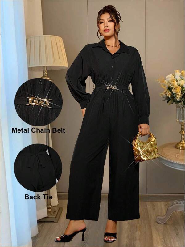 Cravure Plus Size Ladies Metal Buckle Collar Jumpsuit, Casual Everyday Wear