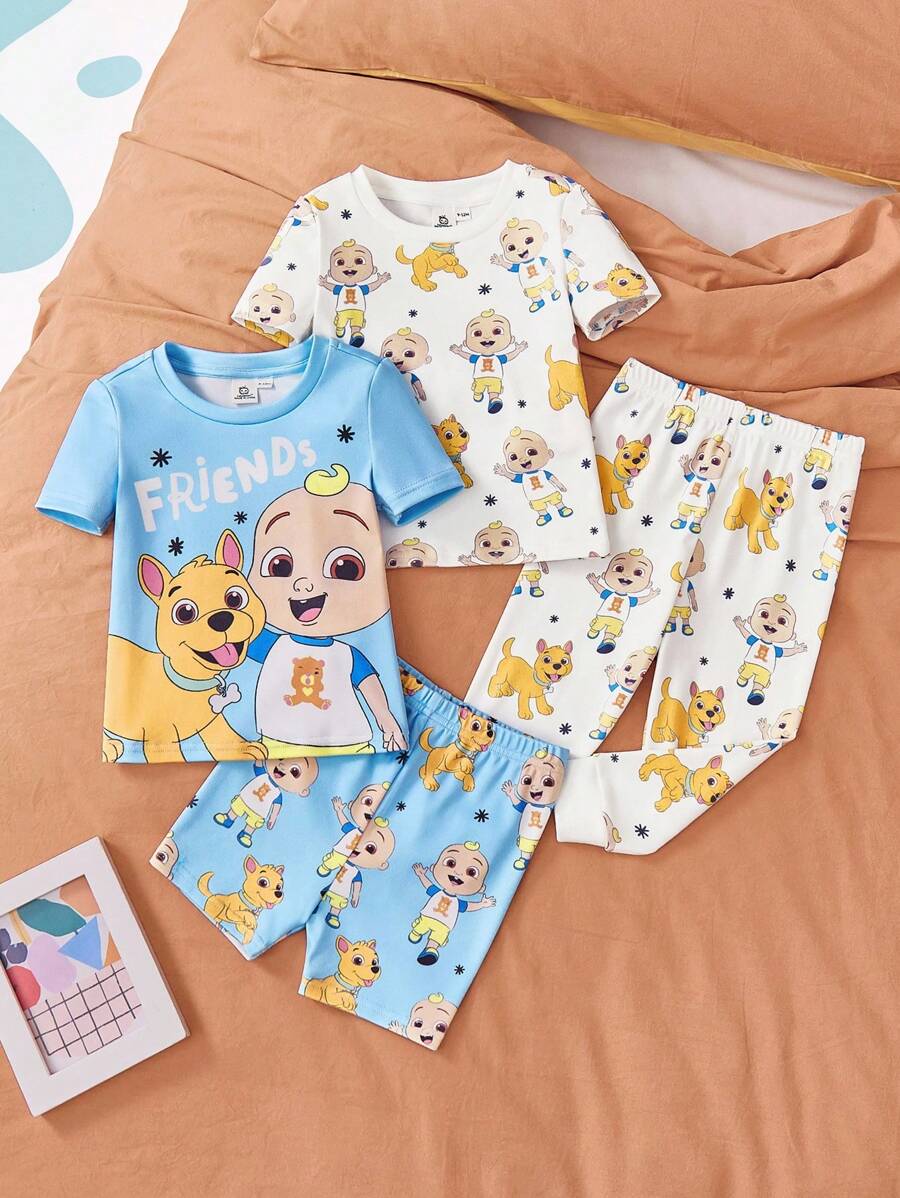 CoComelon X SHEIN Conjunto de pijama para bebé niño que incluye camiseta de manga corta con estampado de dibujos animados en azul y pantalones cortos, talla grande top de manga corta blanco casual y pantalones - Multicolor - Ver 1