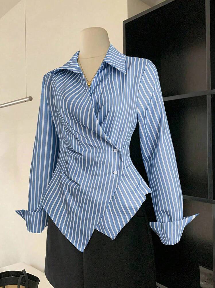 Franclia Asymmetrical Waist Slimming Striped Long Sleeve Blouse Women Shirt - Blue - View 4