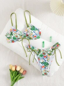 SHEIN 2 件套女士浪漫优雅图案比基尼，性感假日泳装，海滩度假装 - 彩色 - 查看 3