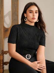 Anewsta 女士加大码优雅时尚假日沙滩休闲黑色短袖褶皱纹理T恤，适合春夏穿着