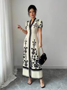 Elenzga 女士修身印花夏装 - 杏色 - 查看 4