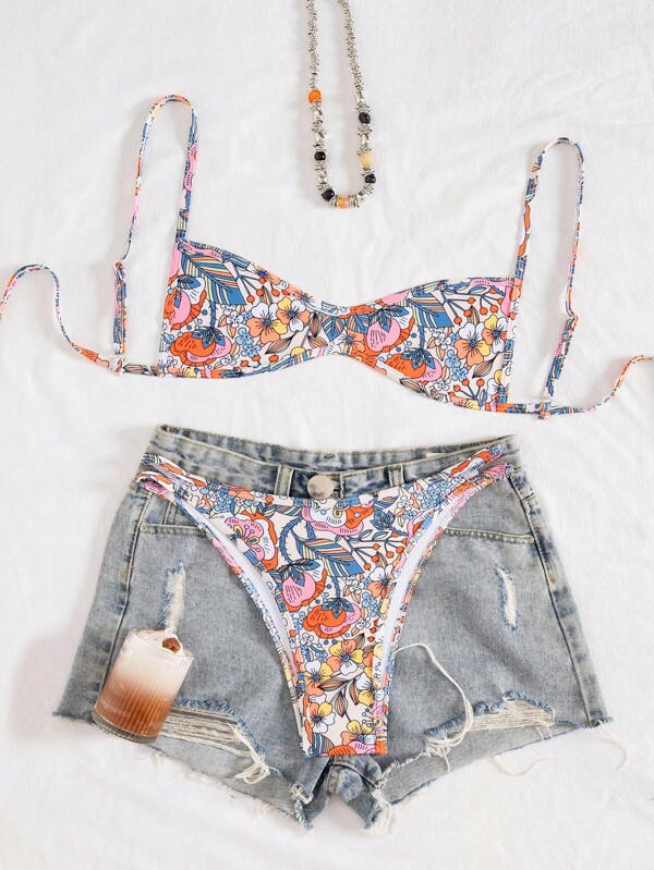 Swim Mod Traje de baño de 2 piezas elegante con estampado floral ajustado y sexy para playa y vacaciones