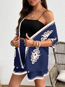 SHEIN Maternity Casual Color Block Jacket And Shorts Set, Loose Outfit - Navy Blue - View 3