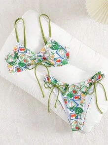 SHEIN 2 件套女士浪漫优雅图案比基尼，性感假日泳装，海滩度假装 - 彩色 - 查看 6