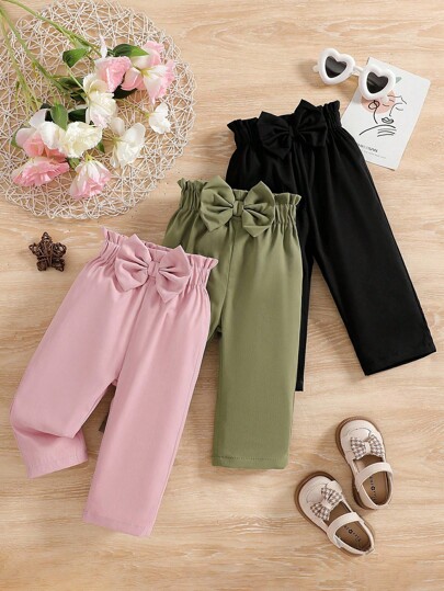 SHEIN Vintaside Kids 3pcs Baby Girl High Quality Solid Color Bowknot Straight Pants, Suitable For Everyday Outings, Spring/Autumn Chic For Autumn/Winter Fall