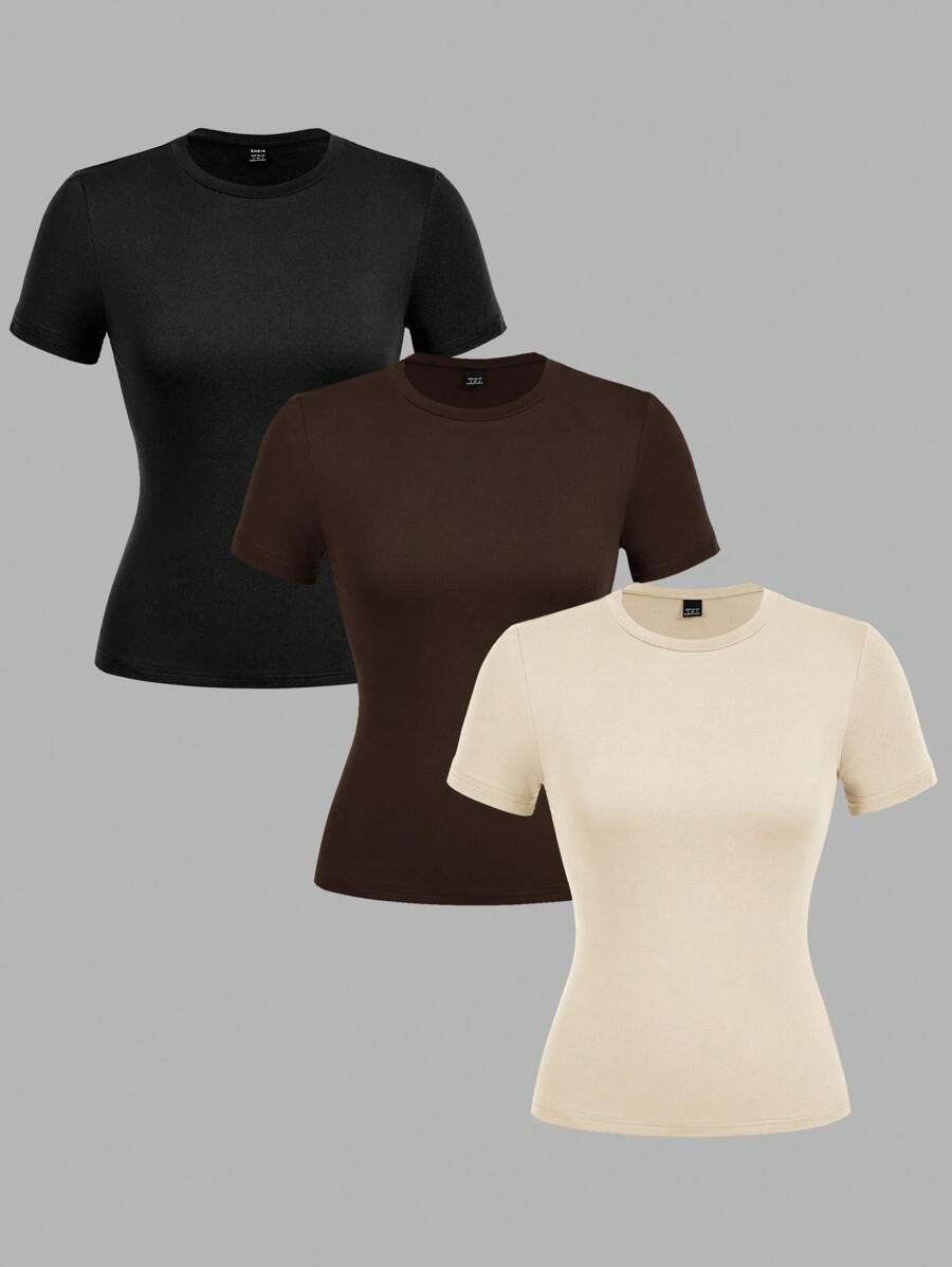 SHEIN EZwear Bộ 3 áo thun dài tay bó sát cổ tròn thường ngày cho nữ màu đen, nâu đậm, màu mơ, thích hợp cho mùa hè - Nhiều màu - Xem 1