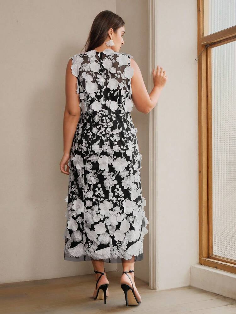 Abito lungo senza maniche con ricamo floreale per donna taglie forti, vestito elegante e lussuoso da sera per signora