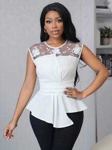 SHEIN Unity Women's Elegant Summer Contrast Mesh Applique Waist Design Asymmetric Hem Blouse - White - View 1