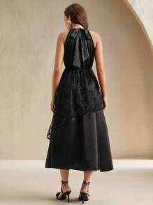 Anewsta Rochie elegantă și la modă, neagră, cu broderie groasă din dantelă, model patchwork, pentru doamne, de vacanță - Negru - Vizualizare 2