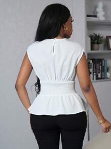 SHEIN Unity Women's Elegant Summer Contrast Mesh Applique Waist Design Asymmetric Hem Blouse - White - View 2