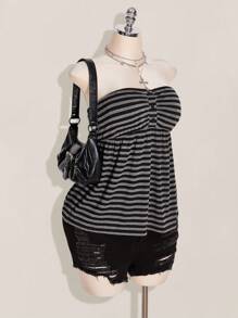 SHEIN ICON 大码 Y2K 节条纹短款抹胸上衣 - 黑與白 - 查看 4