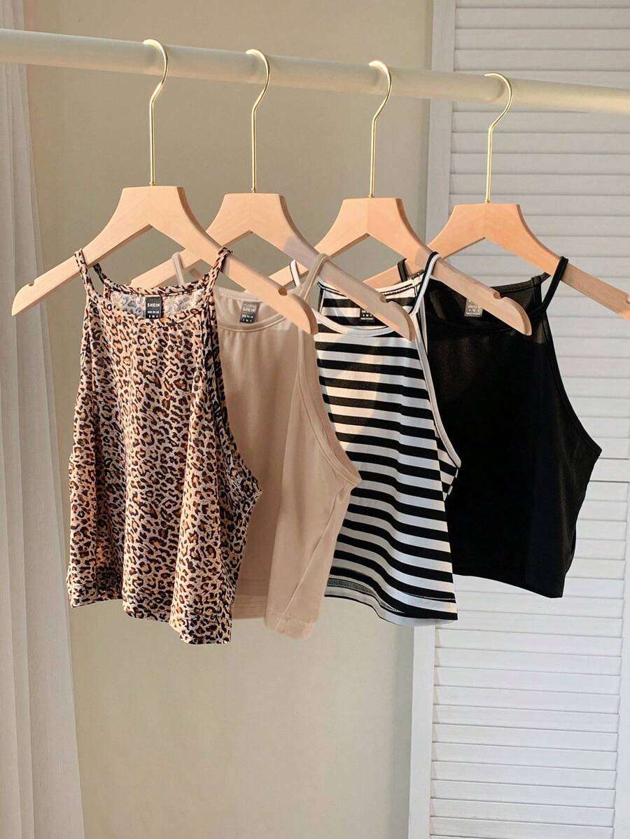 SHEIN EZwear Bộ 4 áo hai dây nữ nhiều họa tiết, kiểu dáng ôm sát, có dây đeo, thích hợp cho mùa hè và đi học. - Nhiều màu - Xem 1