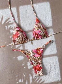 Elavelle Spring Break Women's Random Print Spaghetti Strap Sexy Bikini Swimwear Sets, Summer Outfits - Multicolor - View 5