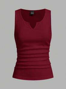 Slaydiva 2pcs Women Casual Notched Neck Ruched Tight Ribbed Fabric Tank Top Set, Suitable For Summer Back To School - Multicolor - View 3