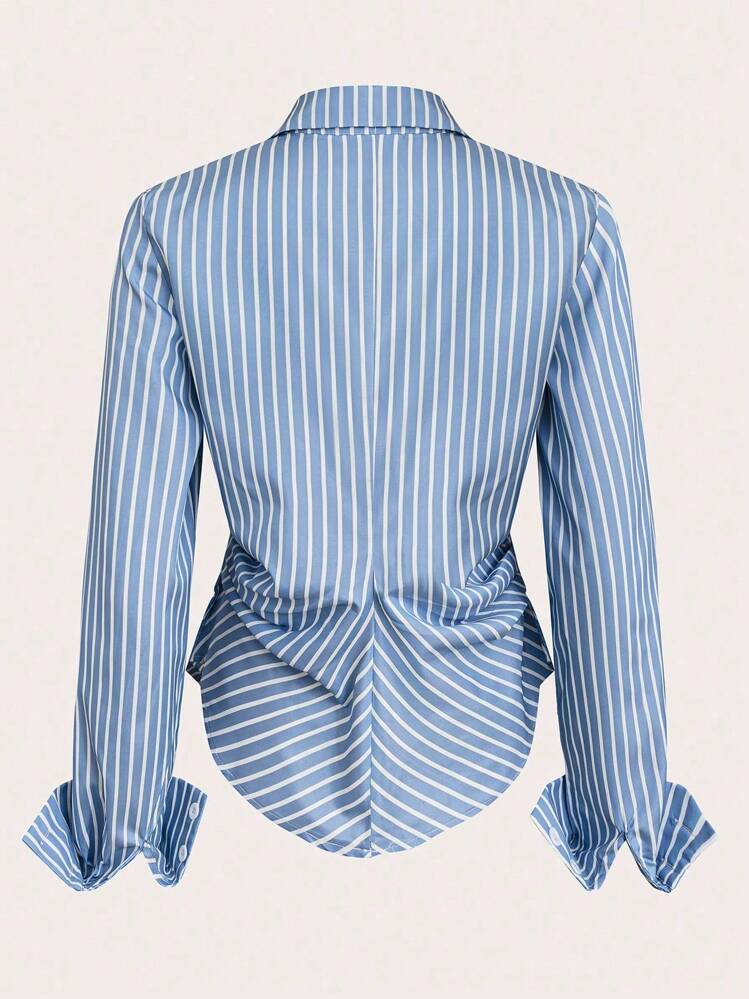 Franclia Asymmetrical Waist Slimming Striped Long Sleeve Blouse Women Shirt - Blue - View 2