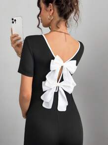 SHEIN Salopetă de maternitate cu guler rotund și fundă, culoare solidă, fără spate, culoare solidă - Negru - Vizualizare 4