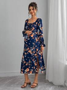 Momance 花卉印花侧开衩连衣裙，孕妇海滩度假连衣裙 - 彩色 - 查看 5