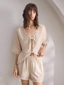 Ocili 女士舒适棉质简约V领系带睡衣、家居服 - 杏色 - 查看 6