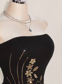 SHEIN ICON Plus Size Y2k Summer Women Going Out Vintage Boho Fashion Vacation Glitter Embroidered Sparkly Sequin Black Asymmetric Hem Embroidered Bandeau Top, Fashion Embroidered Corset Top - Multicolor - View 5